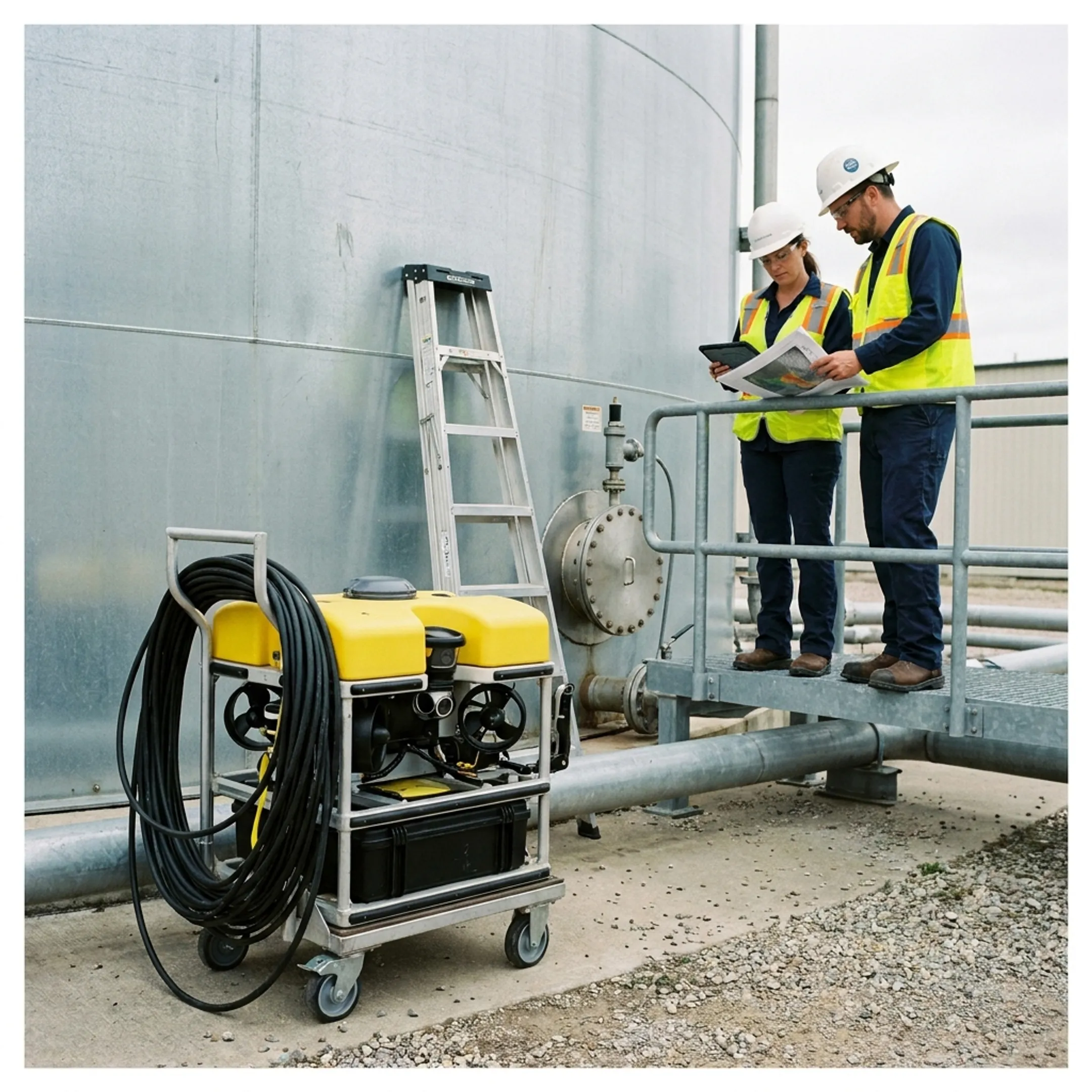 Robotic cleaning equipment at an industrial storage tank