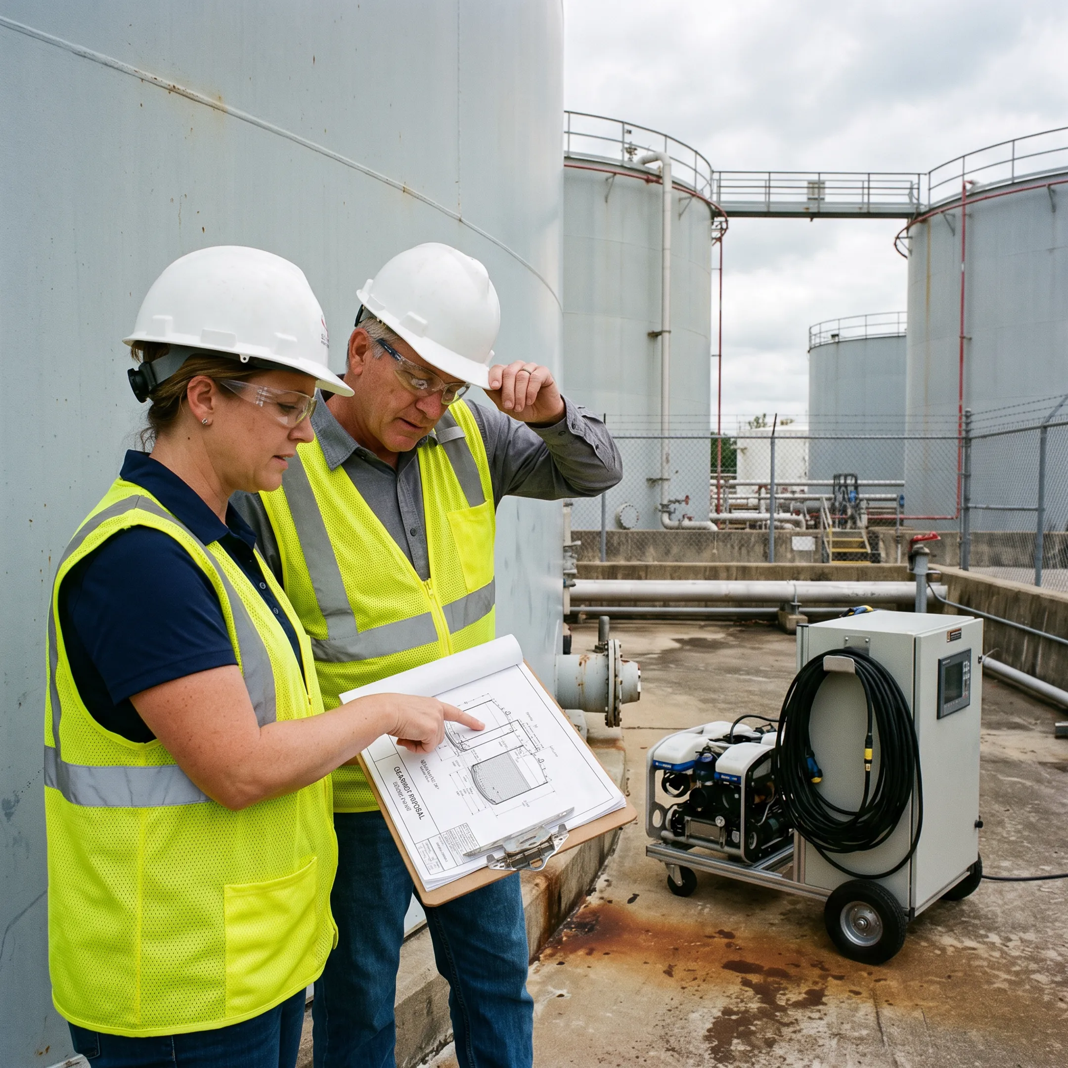 Industrial tank cleaning team reviewing a project proposal