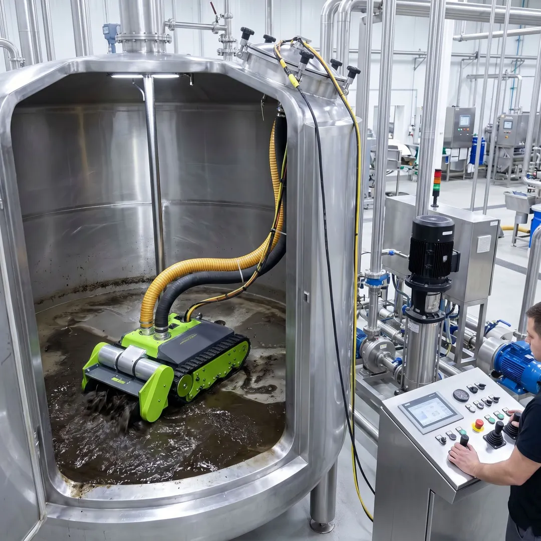 Food processing tank sanitation system in operation