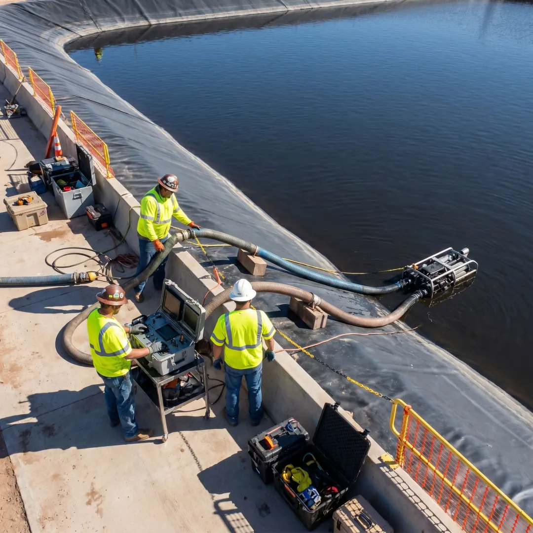Technicians supporting robotic lagoon cleaning