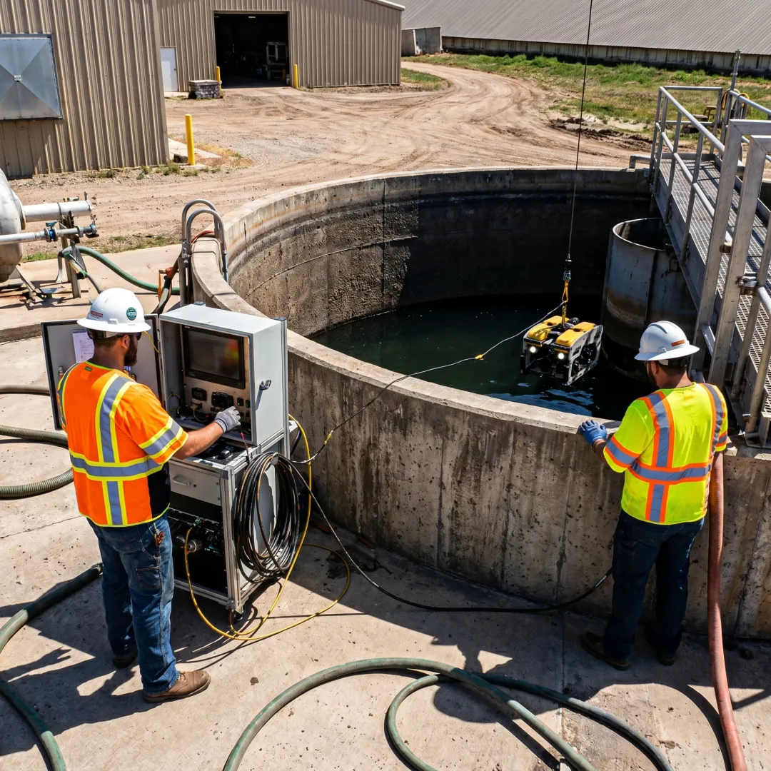 Robotic wastewater tank cleaning system at industrial facility