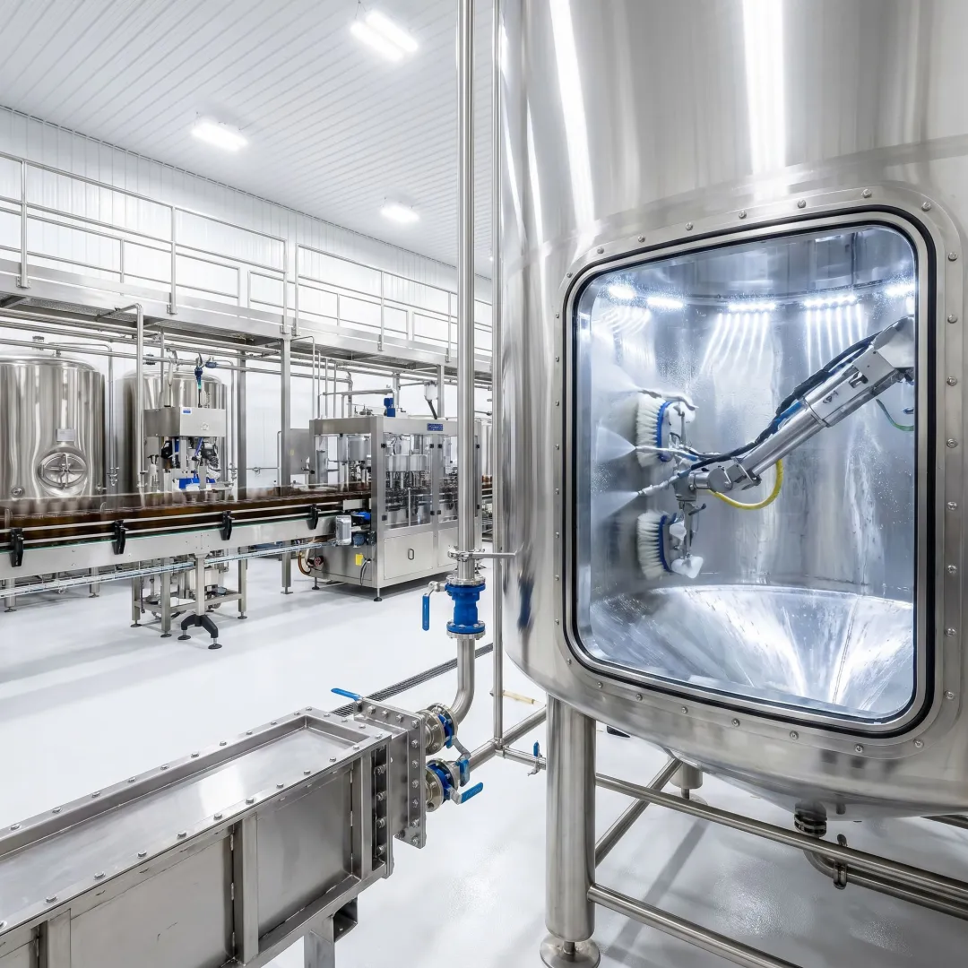 Food and beverage tank cleaning system in operation