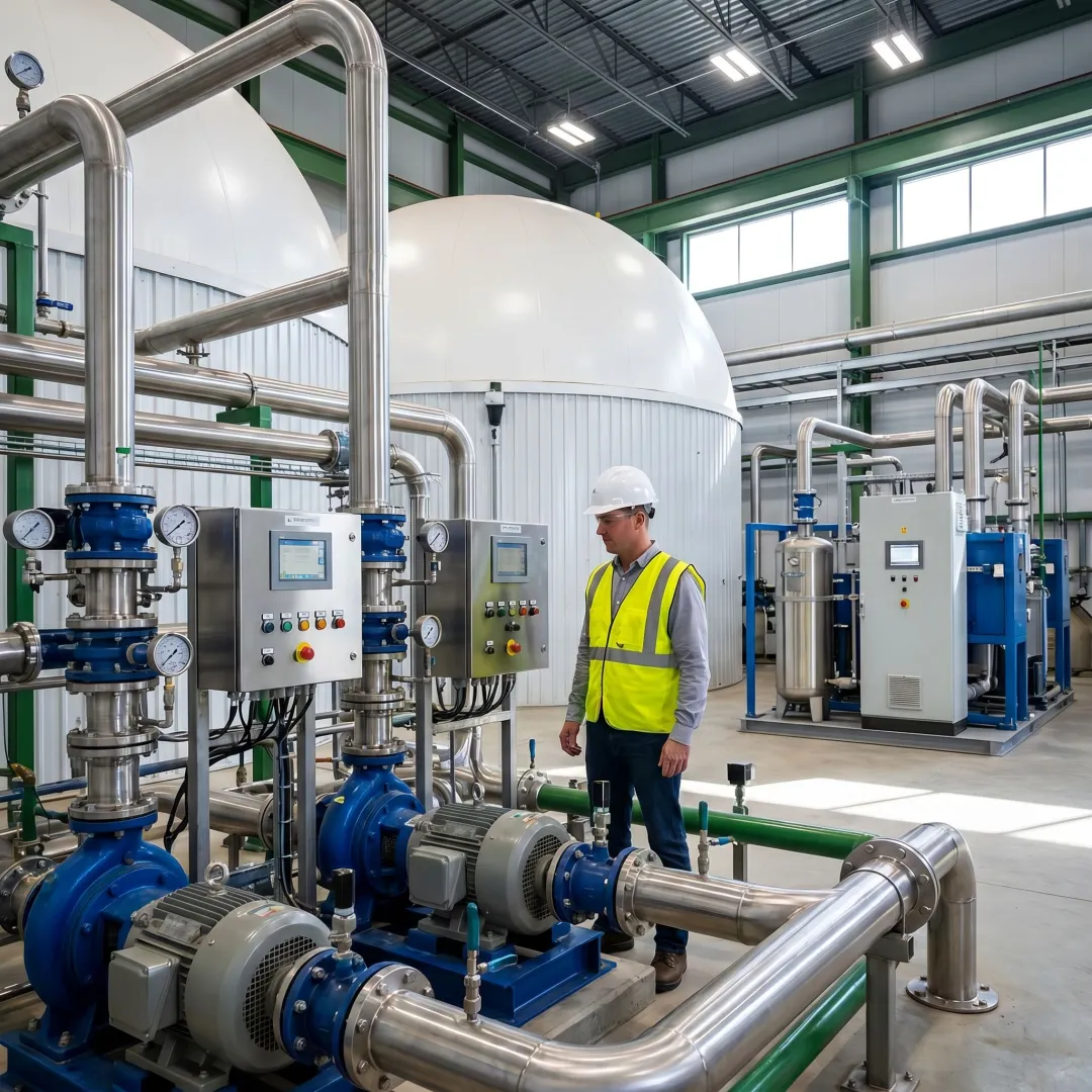 Engineer inspecting biogas processing equipment