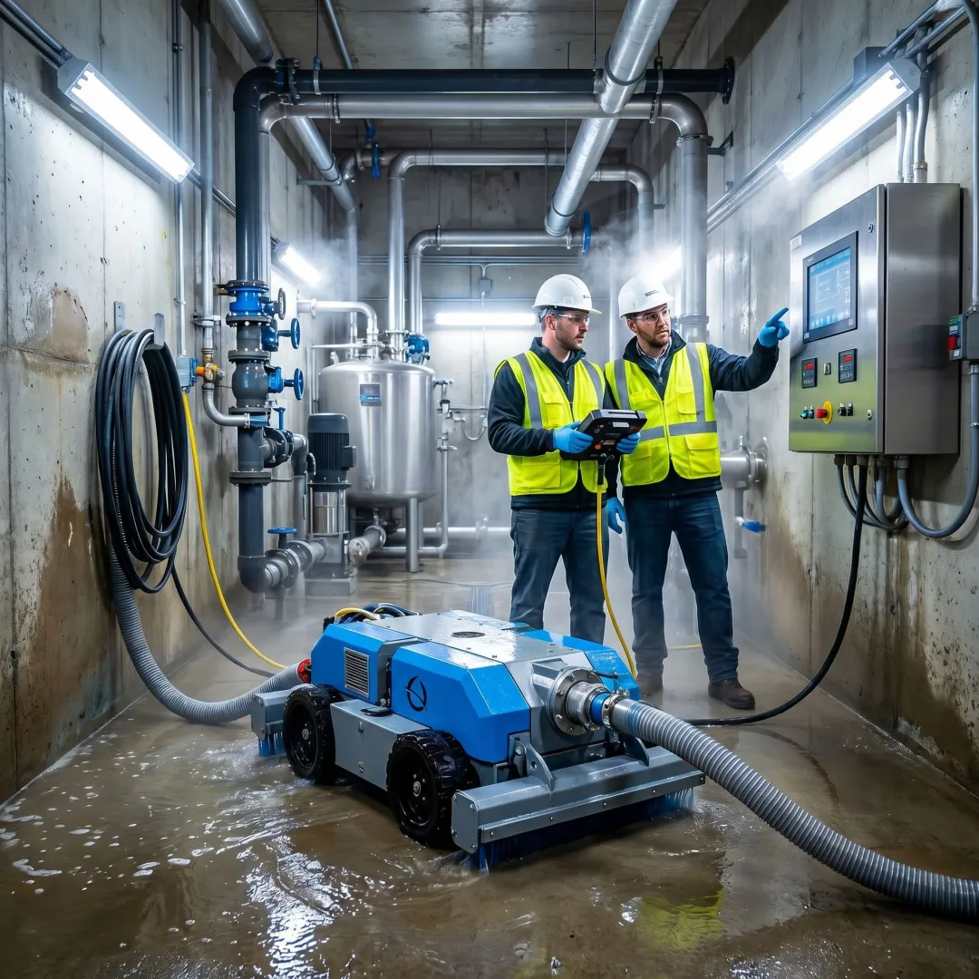 Robotic wastewater tank cleaning in progress
