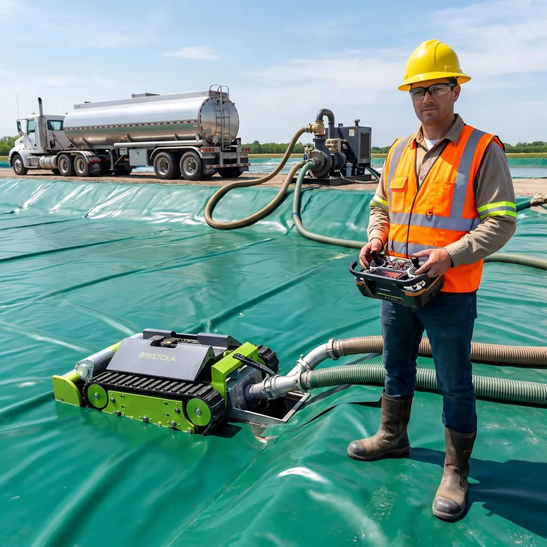 Technician monitoring robotic lagoon cleaning system