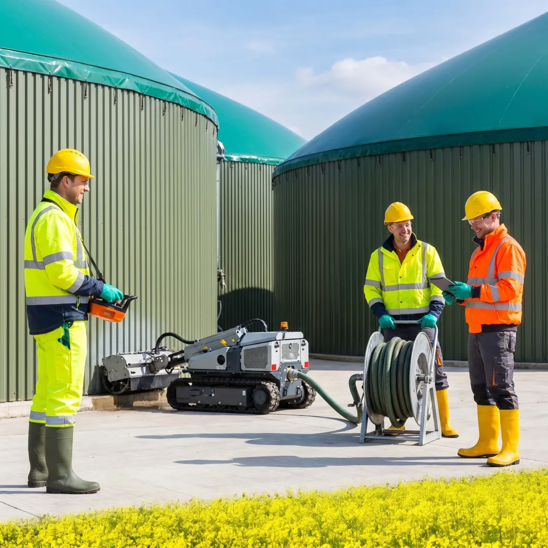 Technicians managing robotic wastewater cleaning equipment