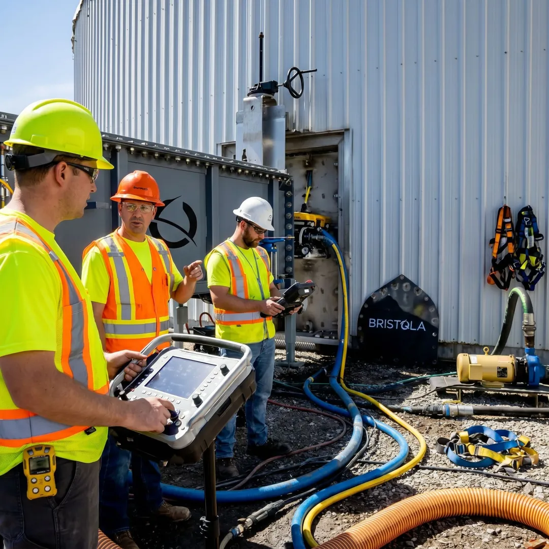 Industrial tank maintenance team monitoring robotic cleaning