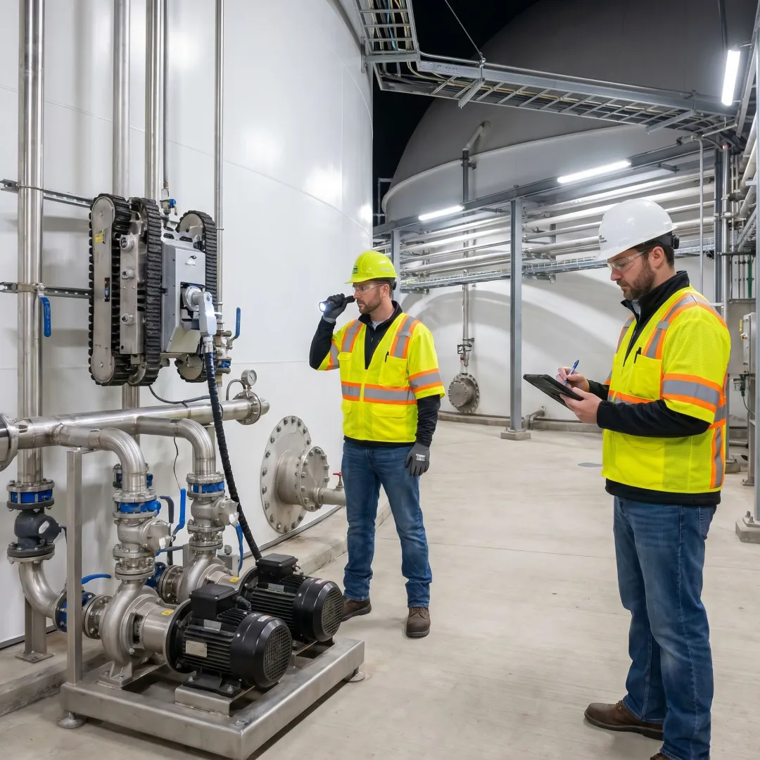 Technicians overseeing wastewater treatment maintenance equipment