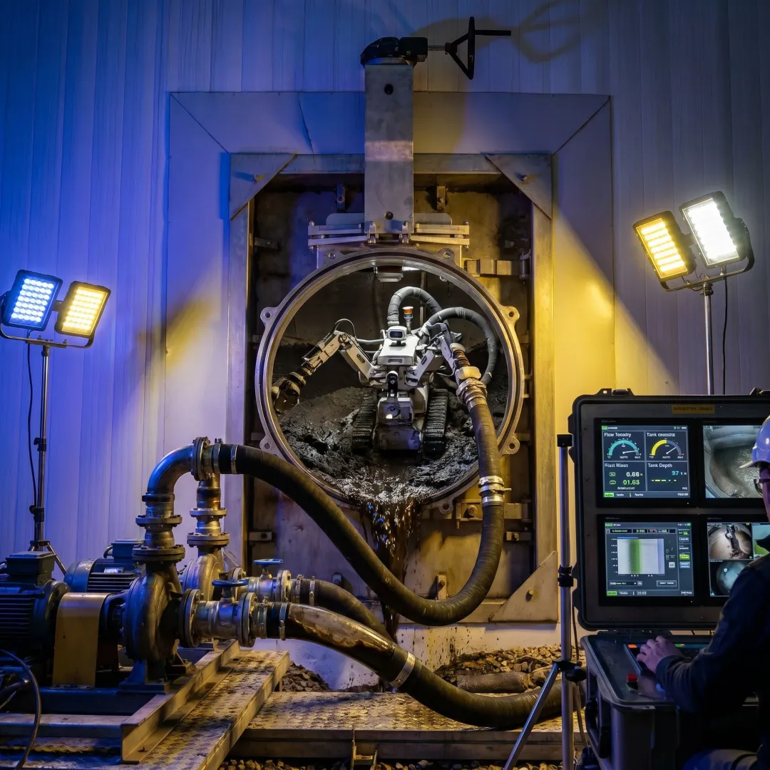 Industrial tank cleaning robot removing sludge from a storage tank