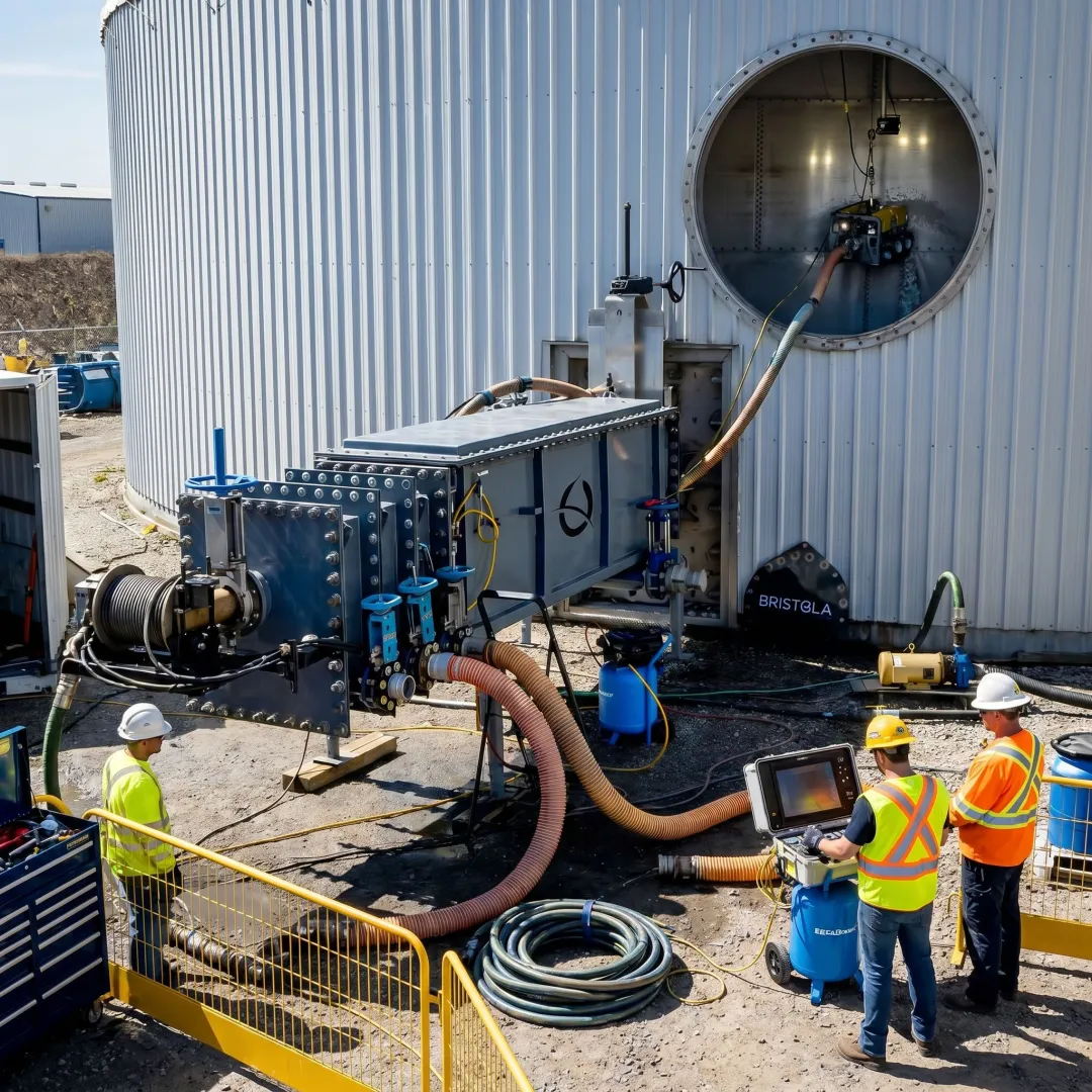 Robotic system cleaning an industrial storage tank