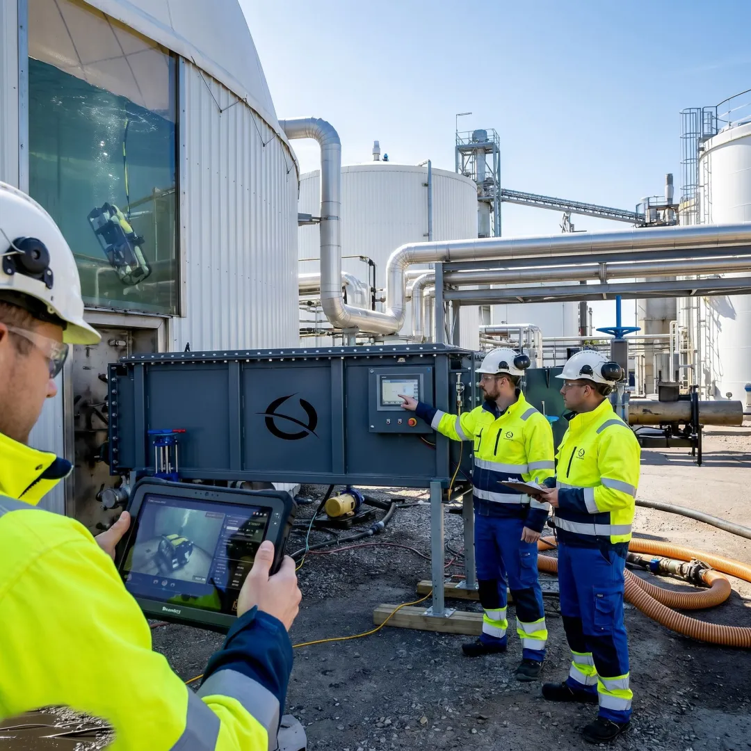 Technicians monitoring robotic tank cleaning system