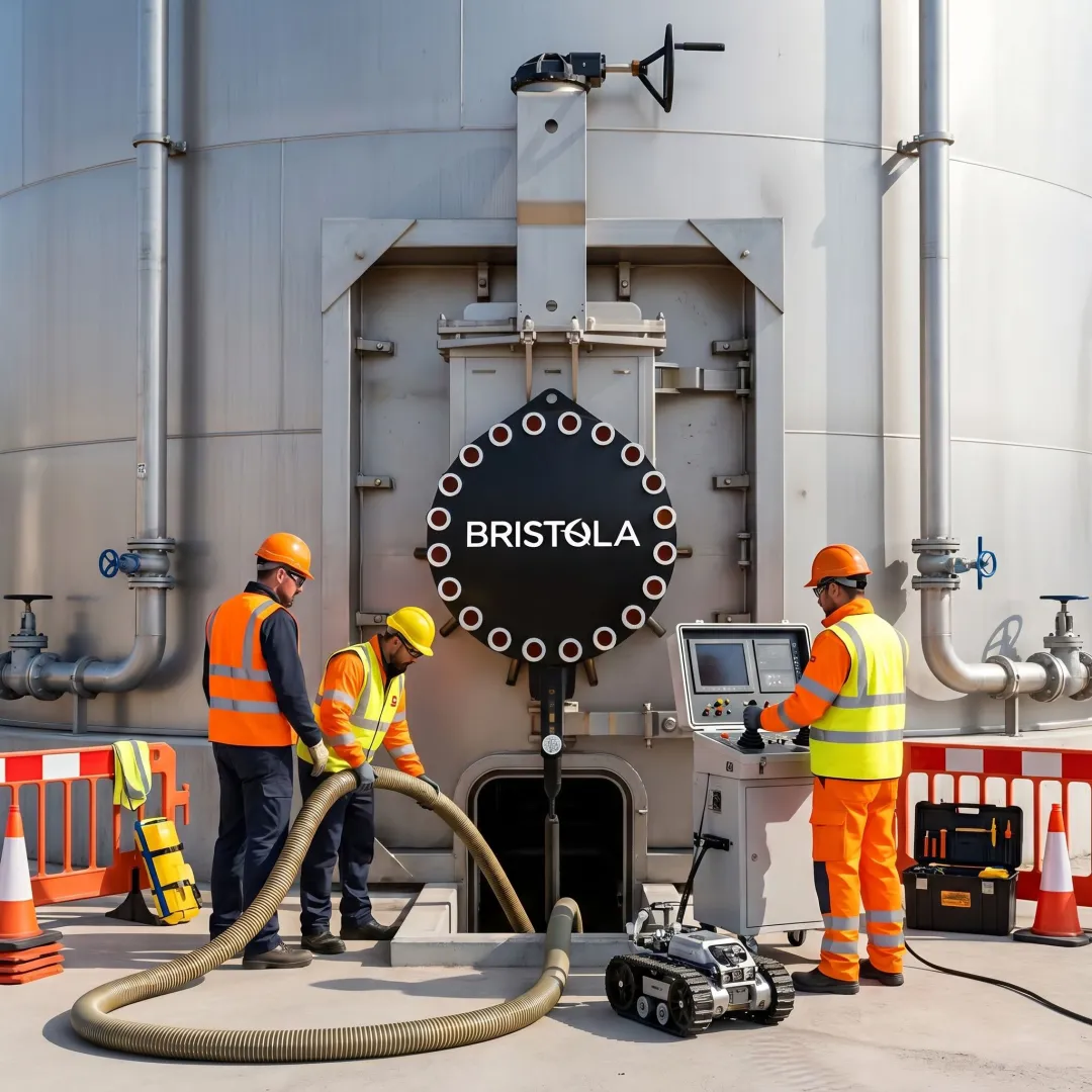 Industrial team monitoring robotic tank cleaning