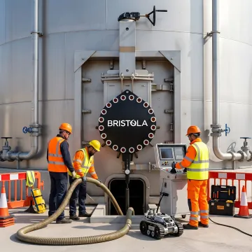 Industrial team monitoring robotic tank cleaning