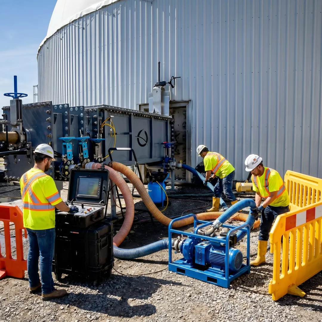 Technicians operating a robotic tank cleaning system