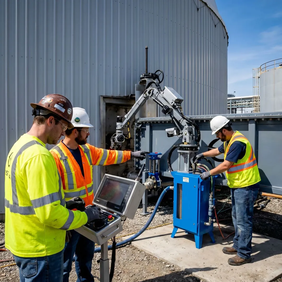 Technicians overseeing robotic tank cleaning equipment