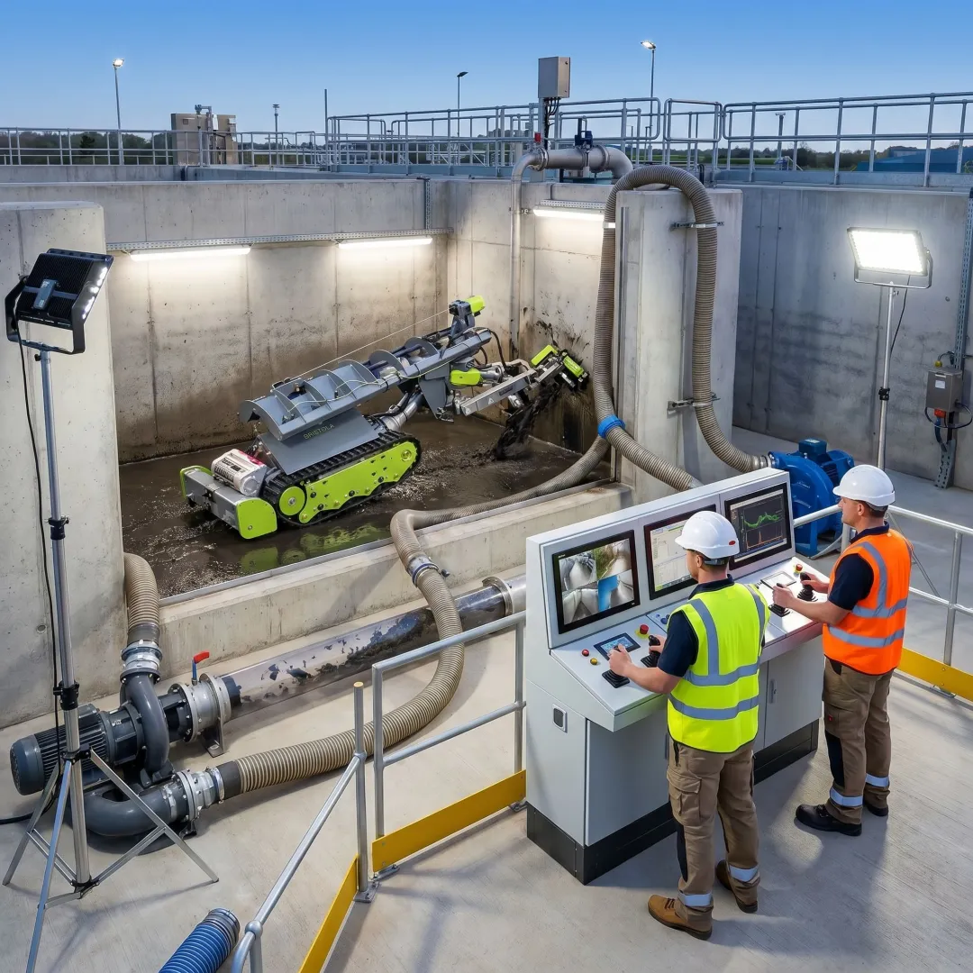 Robotic wastewater tank maintenance in progress