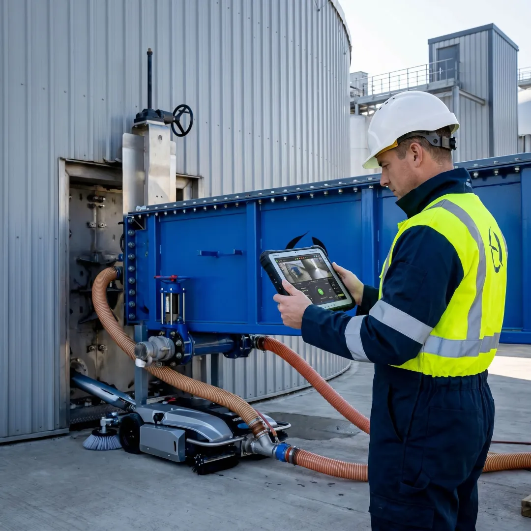 Technician monitoring robotic tank cleaning operation