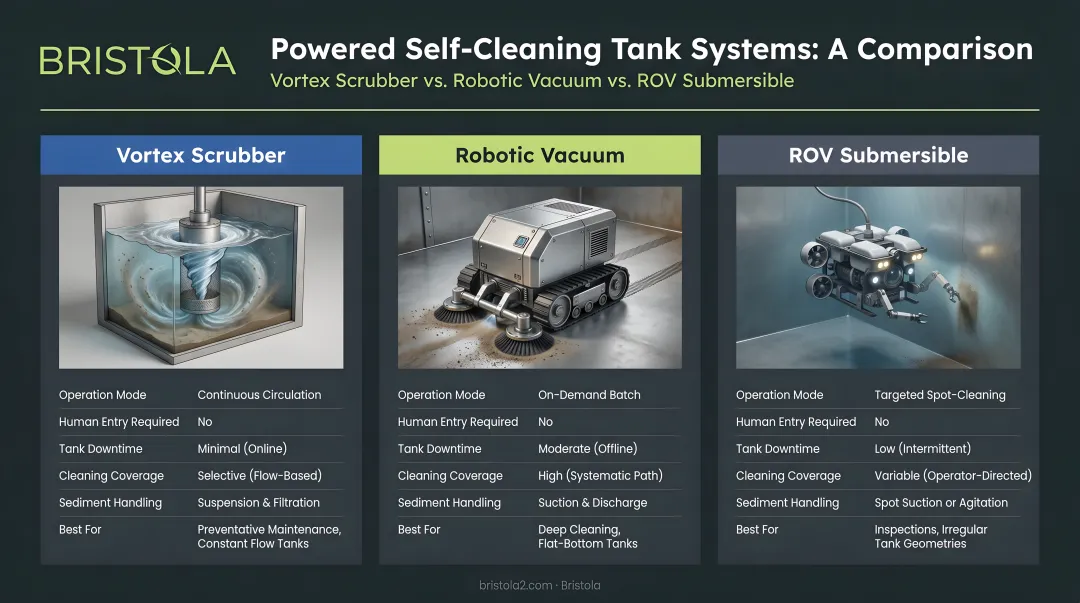 Three powered self-cleaning tank system types vortex scrubber and robotic vacuum comparison