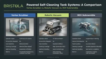 Three powered self-cleaning tank system types vortex scrubber and robotic vacuum comparison
