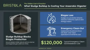Anaerobic digester sludge buildup costs biogas loss and 120000 dollar clean-out breakdown