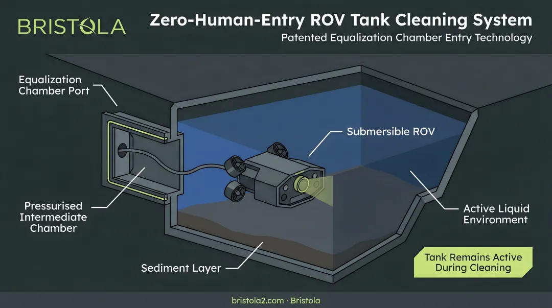 Bristola ROV submersible robot entering active industrial tank through equalization chamber port