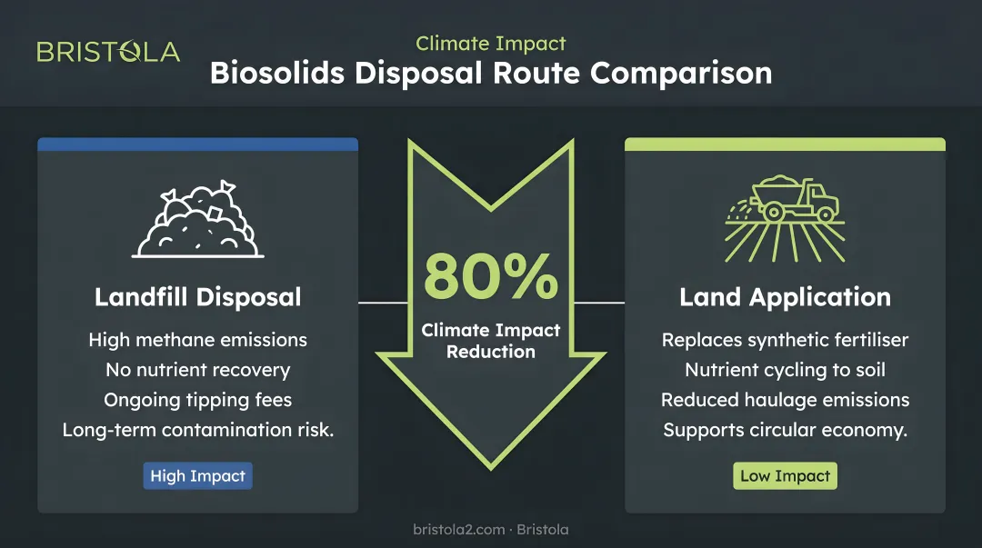 Biosolids sludge disposal route comparison showing 80 percent climate impact reduction from landfill to land application