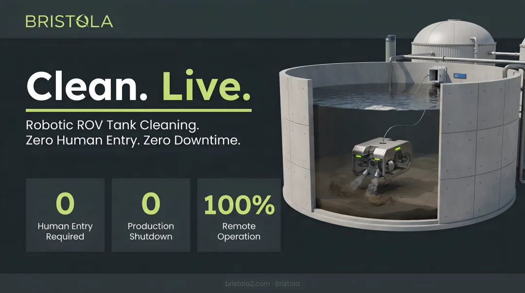 Bristola robotic ROV cleaning industrial tank without production shutdown or human entry