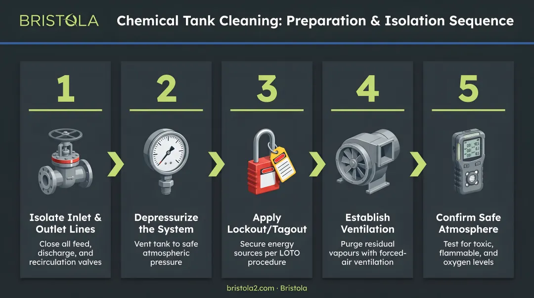 5-step chemical tank cleaning preparation and isolation sequence process flow