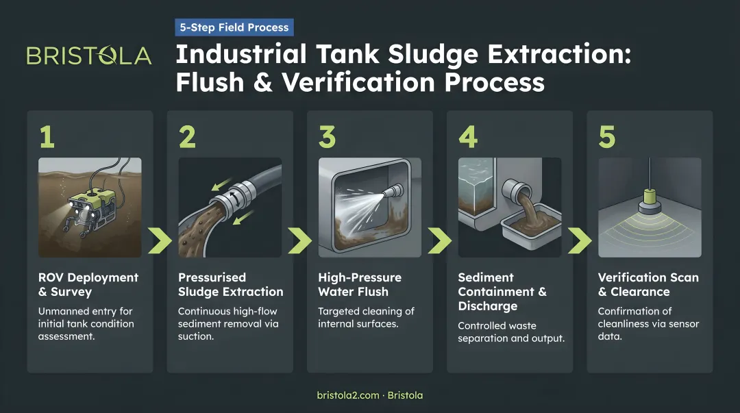 5-step industrial tank sludge extraction flush and verification process flow