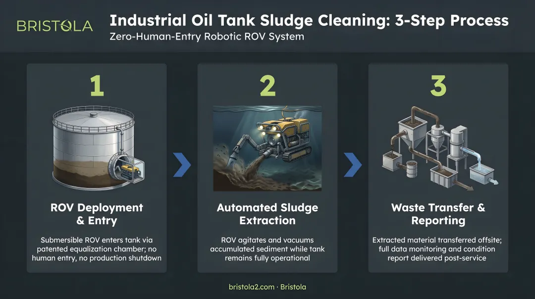 Three-step DIY residential oil tank sludge cleaning process diagram