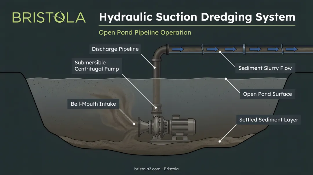 Hydraulic suction dredging pump and pipeline system operating on open pond
