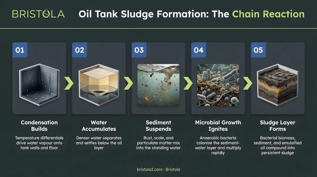 Oil tank sludge formation chain reaction from condensation to microbial growth