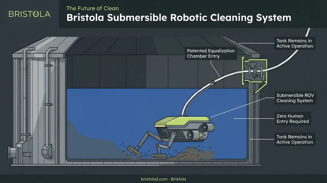 Bristola submersible robotic cleaning system deployed inside large anaerobic digester tank