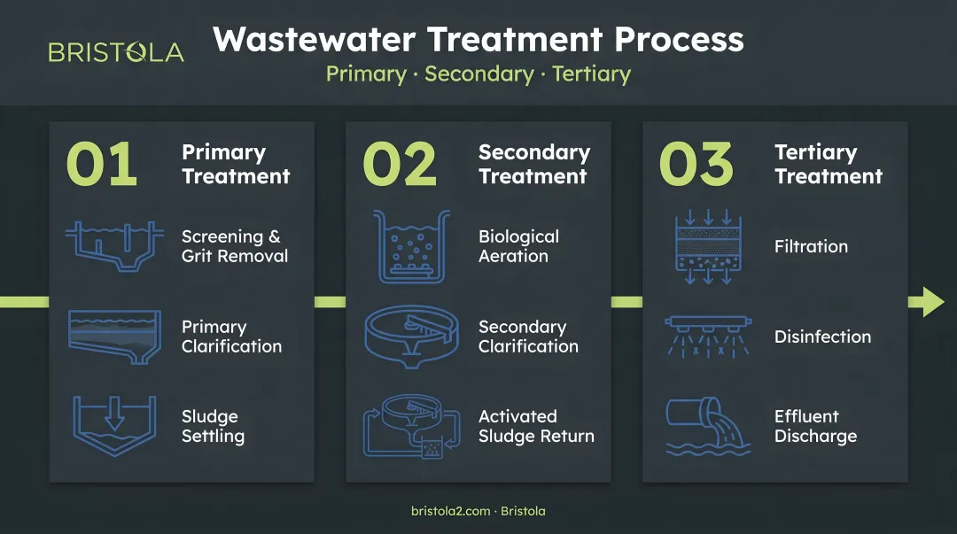 Three-stage primary secondary tertiary wastewater treatment process flow diagram