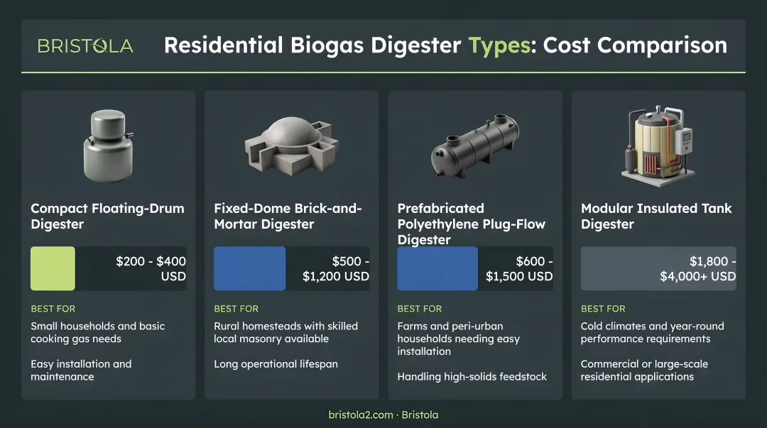 Four residential biogas digester types cost comparison chart with use cases