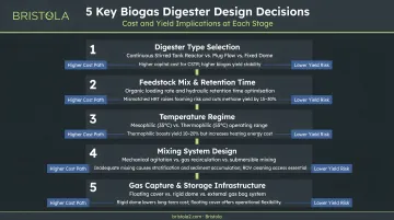 Five key biogas digester design decisions with cost and yield implications flowchart
