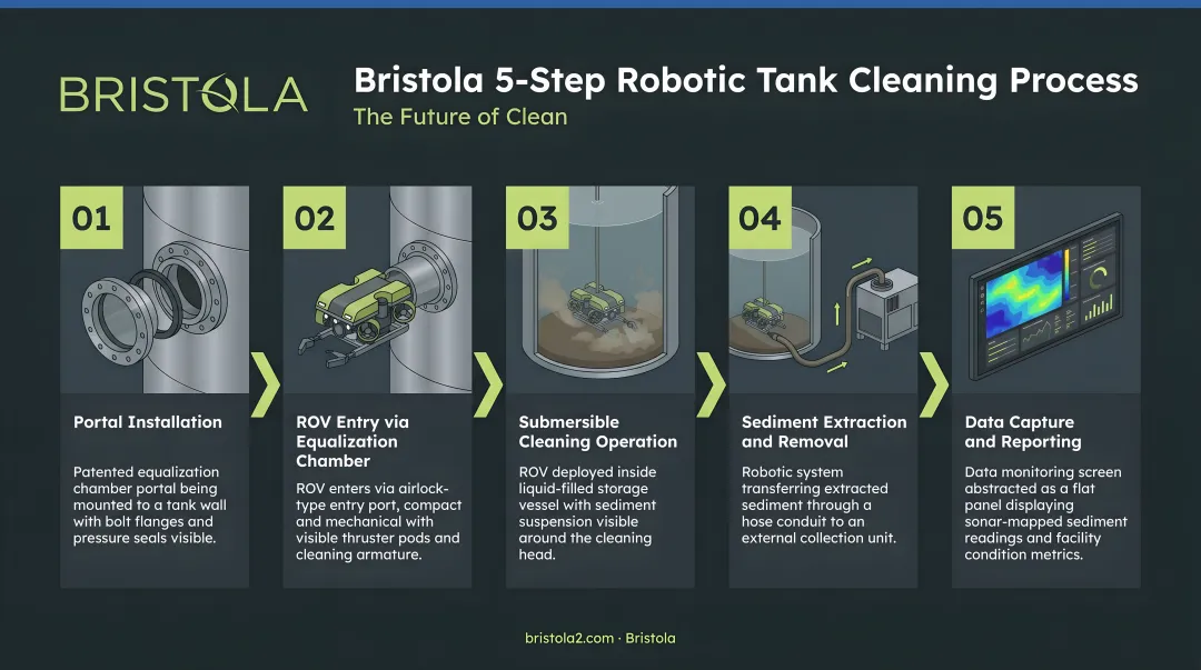 Bristola five-step robotic tank cleaning process from portal installation to data capture