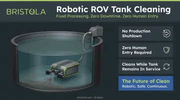 Bristola robotic ROV system cleaning food processing liquid storage tank without production shutdown