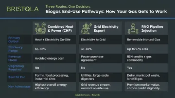 Three biogas end-use pathways comparison CHP grid electricity and RNG pipeline injection