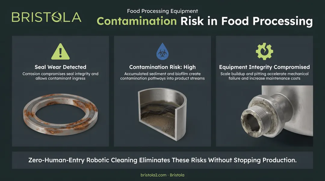 Food processing equipment showing visible corrosion seal wear and contamination risk indicators