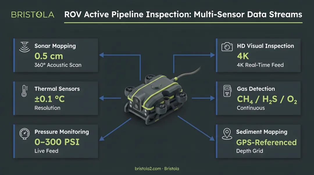 ROV active pipeline inspection multi-sensor data streams process infographic