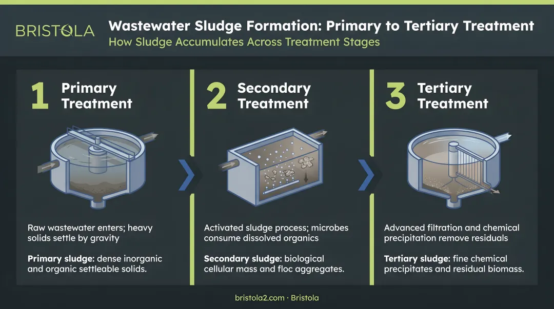 Three-stage wastewater sludge formation process from primary to tertiary treatment