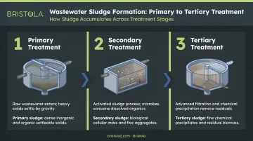 Three-stage wastewater sludge formation process from primary to tertiary treatment