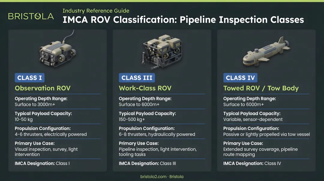 Three ROV classes for pipeline inspection IMCA classification comparison chart