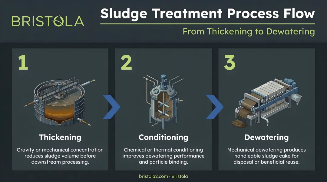 3-step sludge treatment sequence from thickening to dewatering process flow