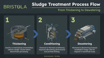 3-step sludge treatment sequence from thickening to dewatering process flow