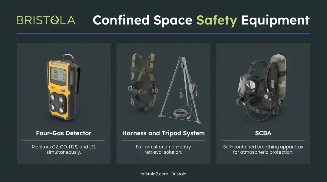Confined space safety equipment set including four-gas detector harness tripod and SCBA