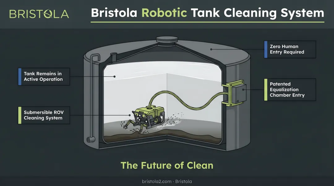 Bristola robotic zero-human-entry tank cleaning system deployed in large dairy storage tank