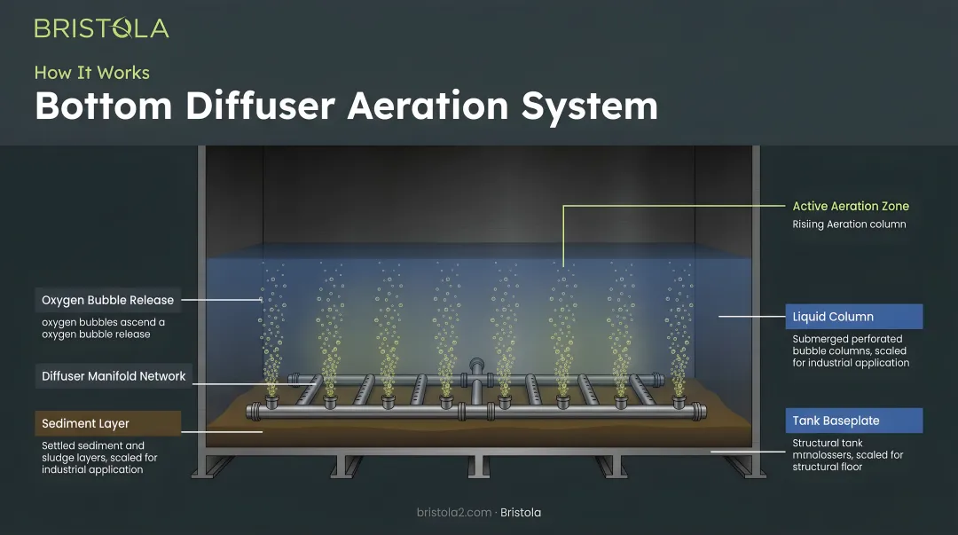 Bottom diffuser aeration system installed in pond showing oxygen bubbles rising from sediment