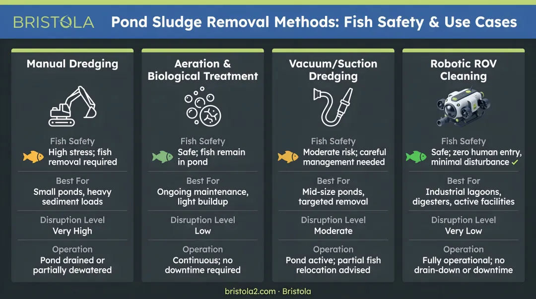 Four pond sludge removal methods comparison chart fish safety and use cases